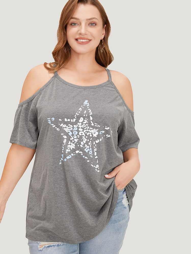 Star Leopard Cold Shoulder Heather T-shirt