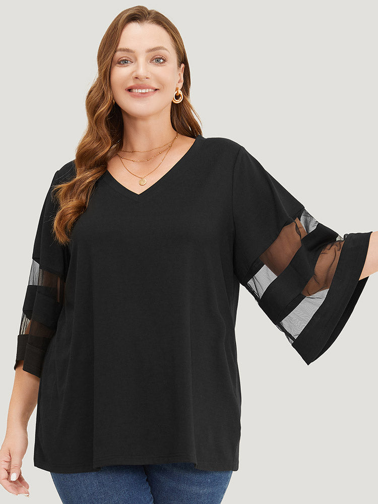 Solid Mesh Patchwork V Neck T-shirt