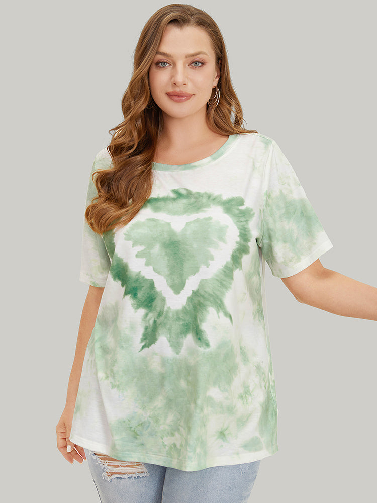 Heart Print Crew Neck Tie Dye T-shirt