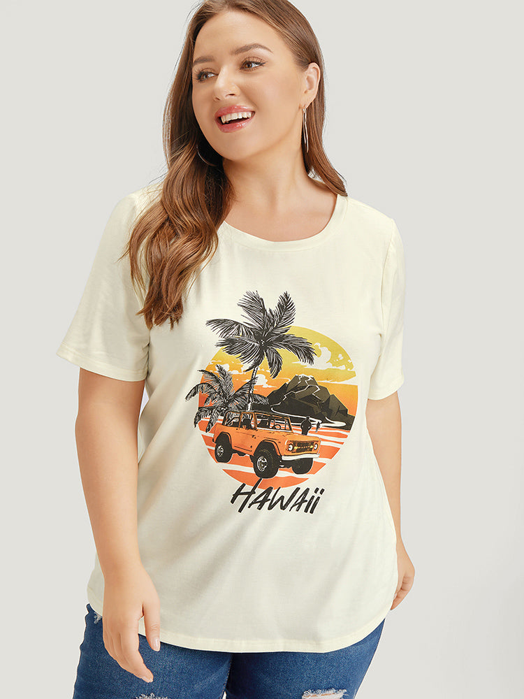 Coconut Tree & Car Print Crew Neck T-shirt