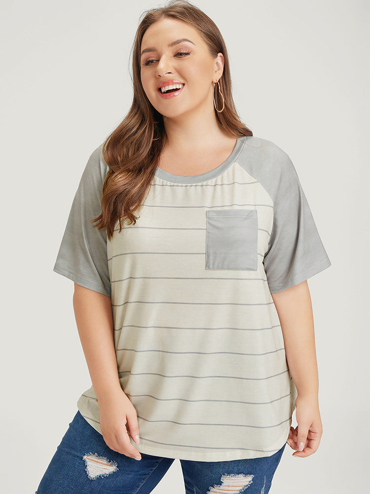 Striped Patched Pocket Raglan Sleeve T-shirt