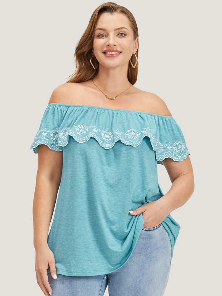 Embroidered Off Shoulder Scalloped Trim T-shirt