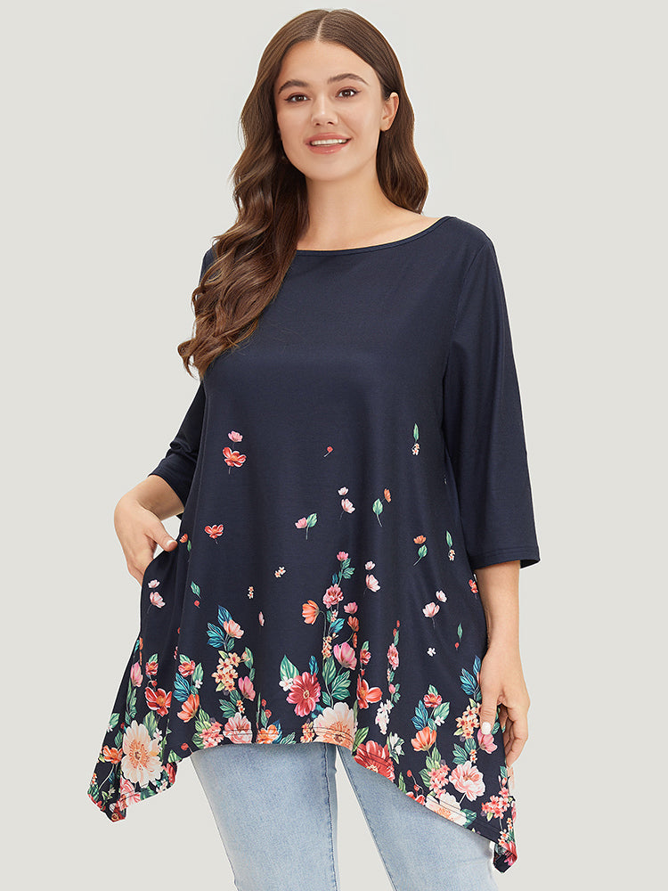 Floral Print Crew Neck Asymmetrical Hem T-shirt