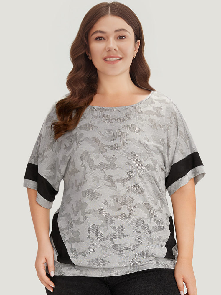 Camo Contrast Patchwork Dolman Sleeve T-shirt