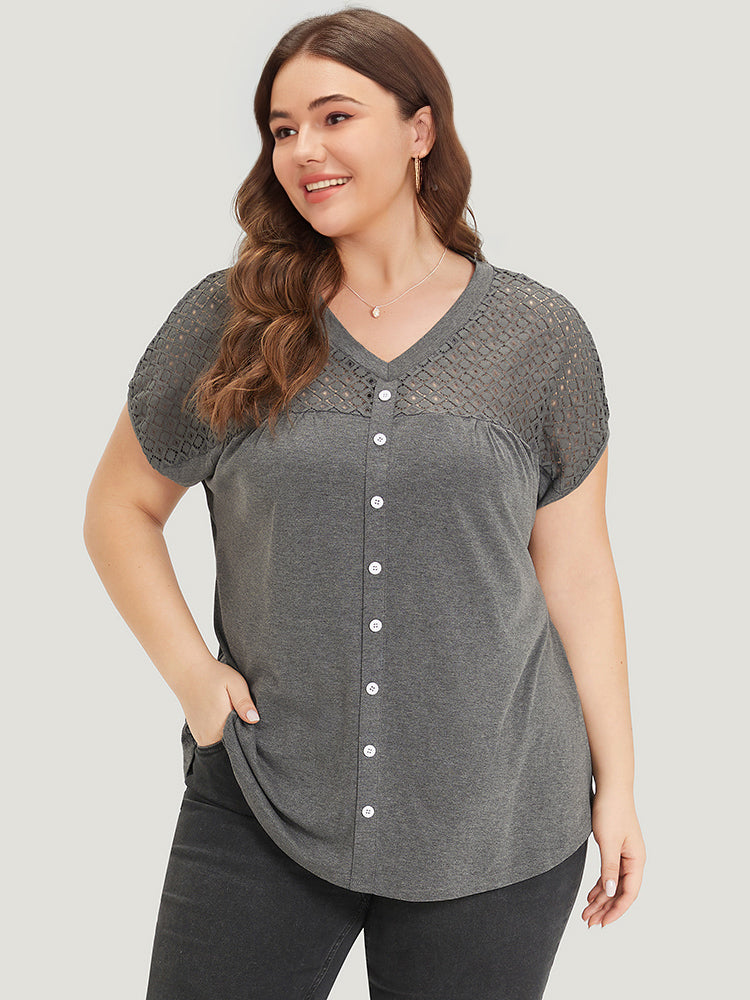 Plain Cut Out Patchwork Button Detail T-shirt