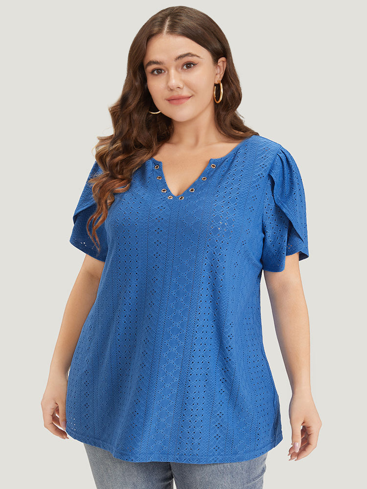 Geometric Eyelet Petal Sleeve Notched T-shirt