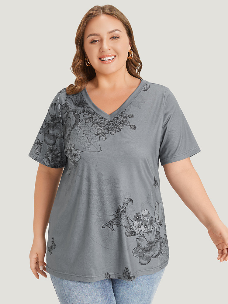 Floral Print V Neck Regular Sleeve T-shirt