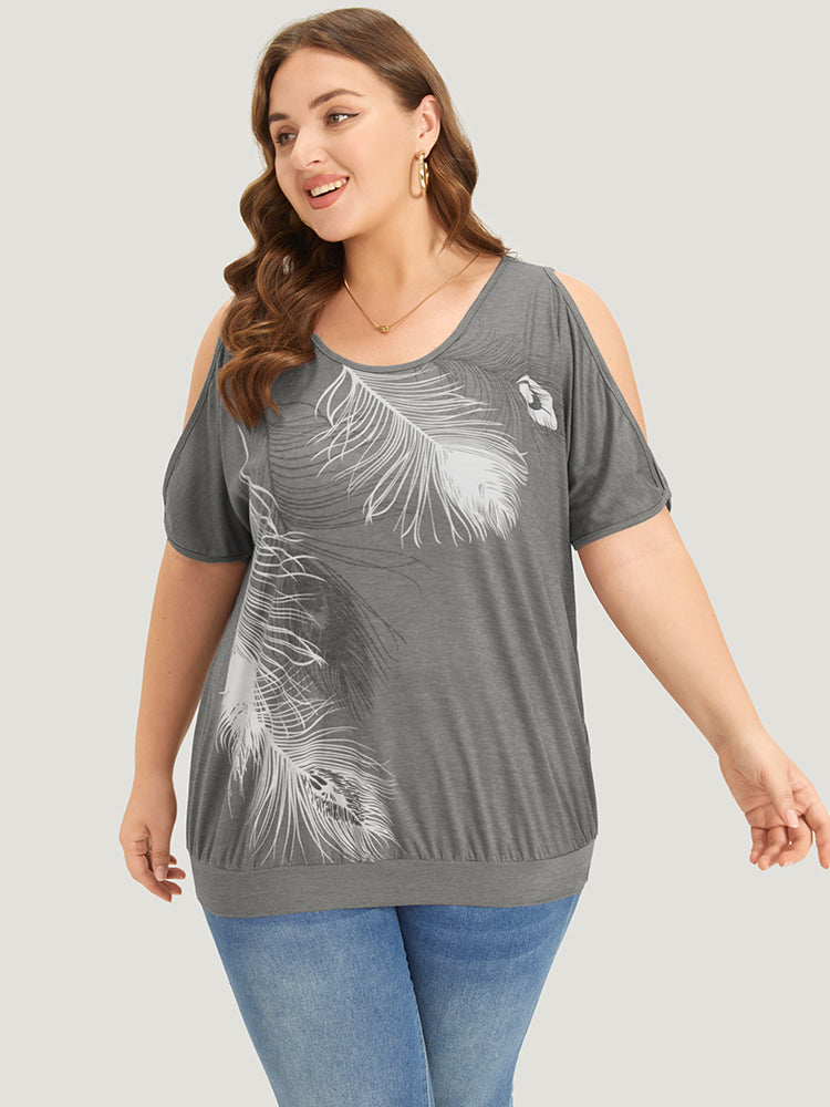 Feather Print Cold Shoulder Crew Neck T-shirt