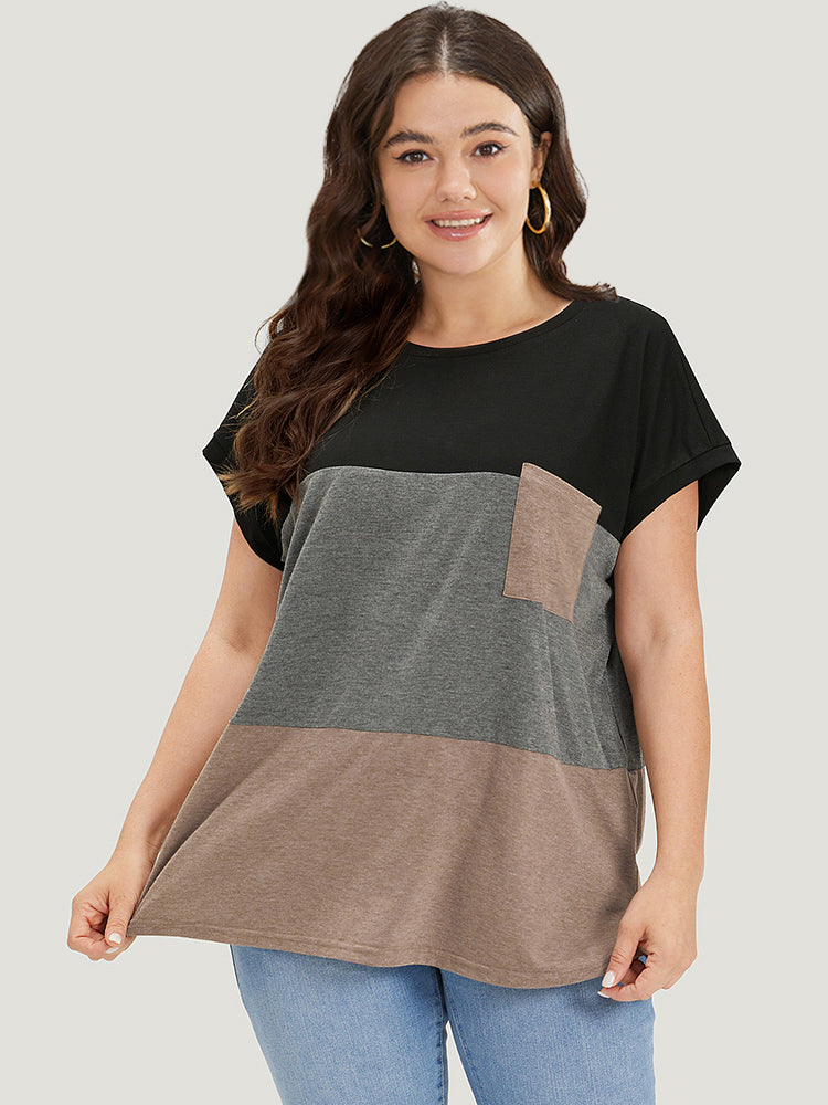 Colorblock Contrast Patched Pocket Batwing Sleeve T-shirt