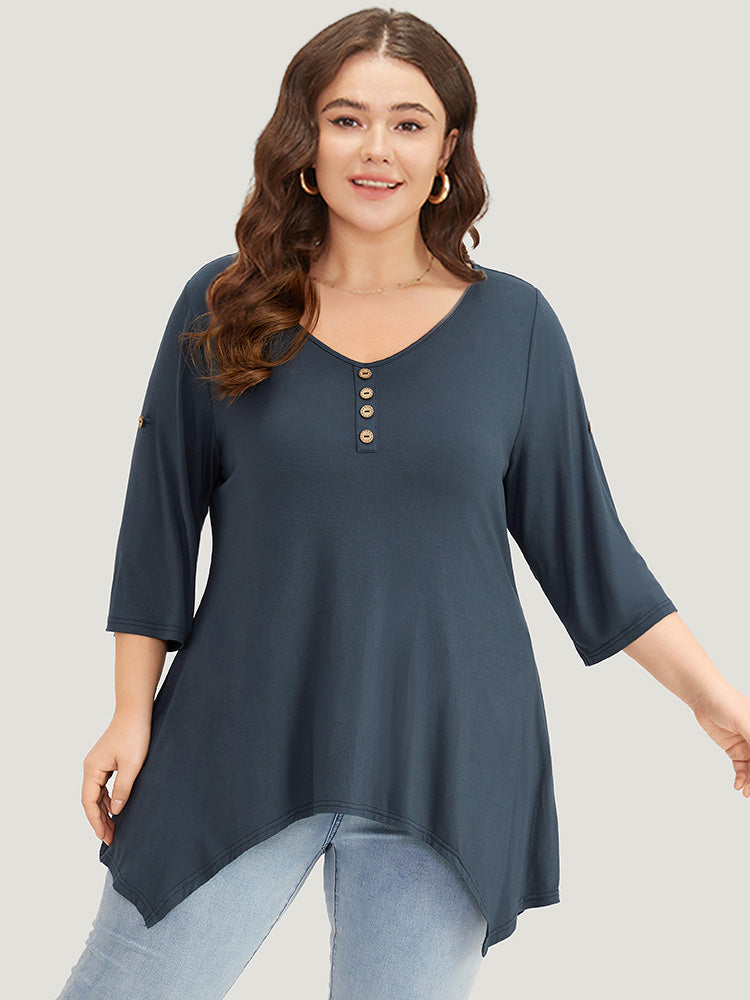 Supersoft Essentials Asymmetrical Hem Roll Sleeve Button Detail T-shirt