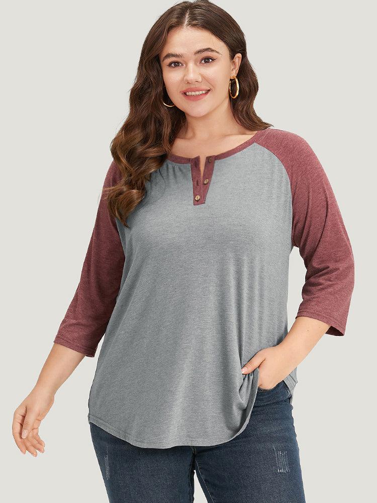 Two Tone Button Up Raglan Sleeve T-shirt