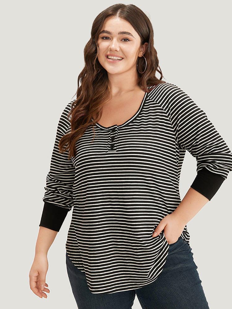 Striped Button Up Curved Hem Patchwork T-shirt