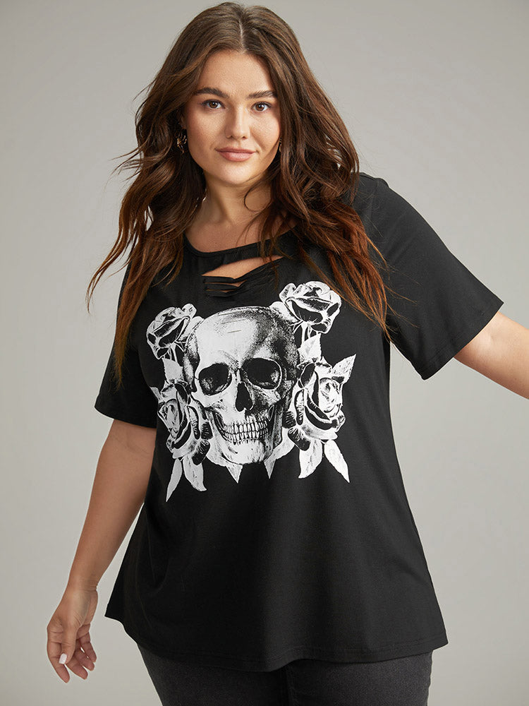 Halloween Skull Print Keyhole T-shirt