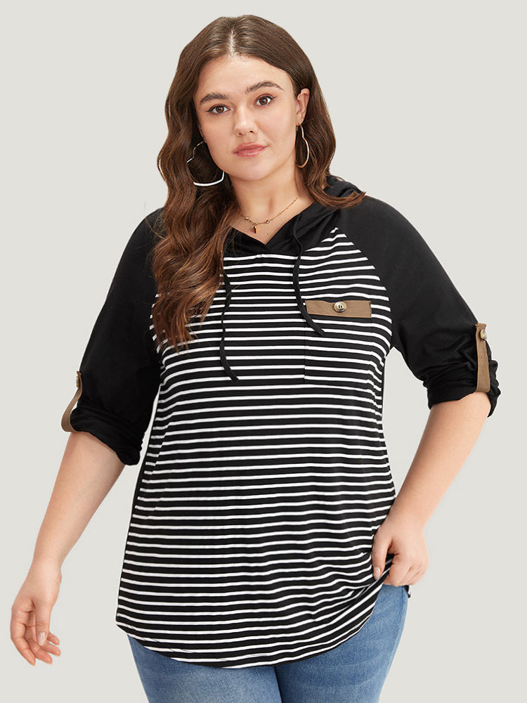 Striped Patched Pocket Button Detail T-shirt