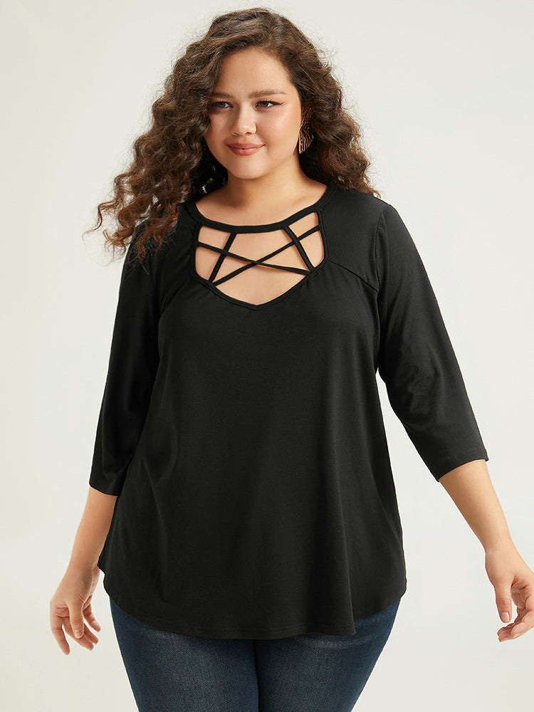 Solid Crisscross Neck Cut Out T-shirt