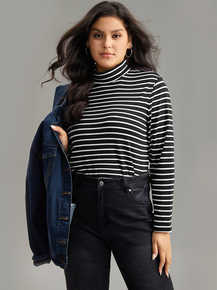 Cotton Striped Funnel Neck T-shirt