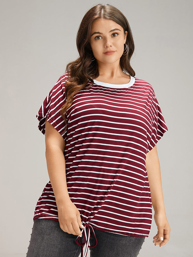 Striped Drawstring Batwing Sleeve T-shirt