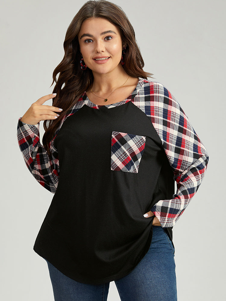 Plaid Patched Pocket Raglan Sleeve T-shirt