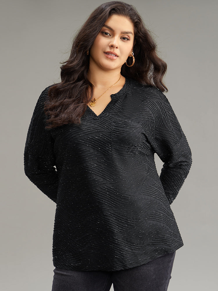 Plisse Solid Notched Long Sleeve T-shirt