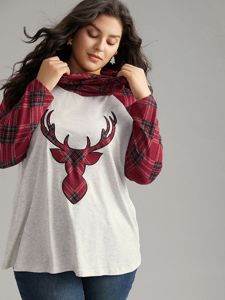 Elk Plaid Patchwork Cowl Neck T-shirt