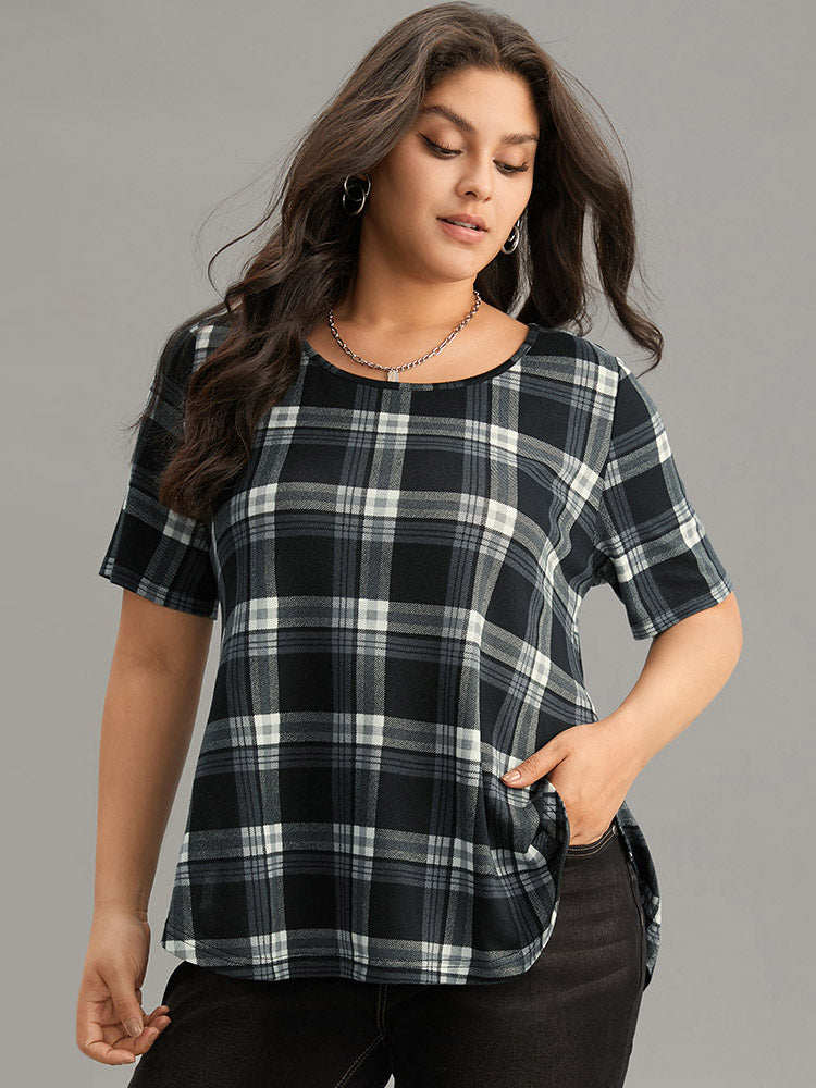 Plaid Contrast Crew Neck Curved Hem T-shirt