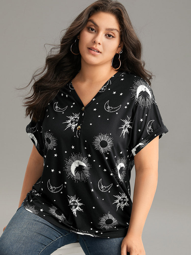 Horoscope Print V Neck Cuffed Dolman Sleeve T-shirt