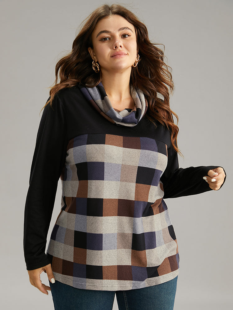 Plaid Patchwork Contrast Cowl Neck T-shirt