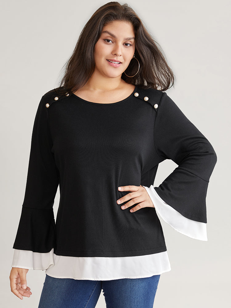 Contrast Tiered Bell Sleeve Button Detail T-shirt