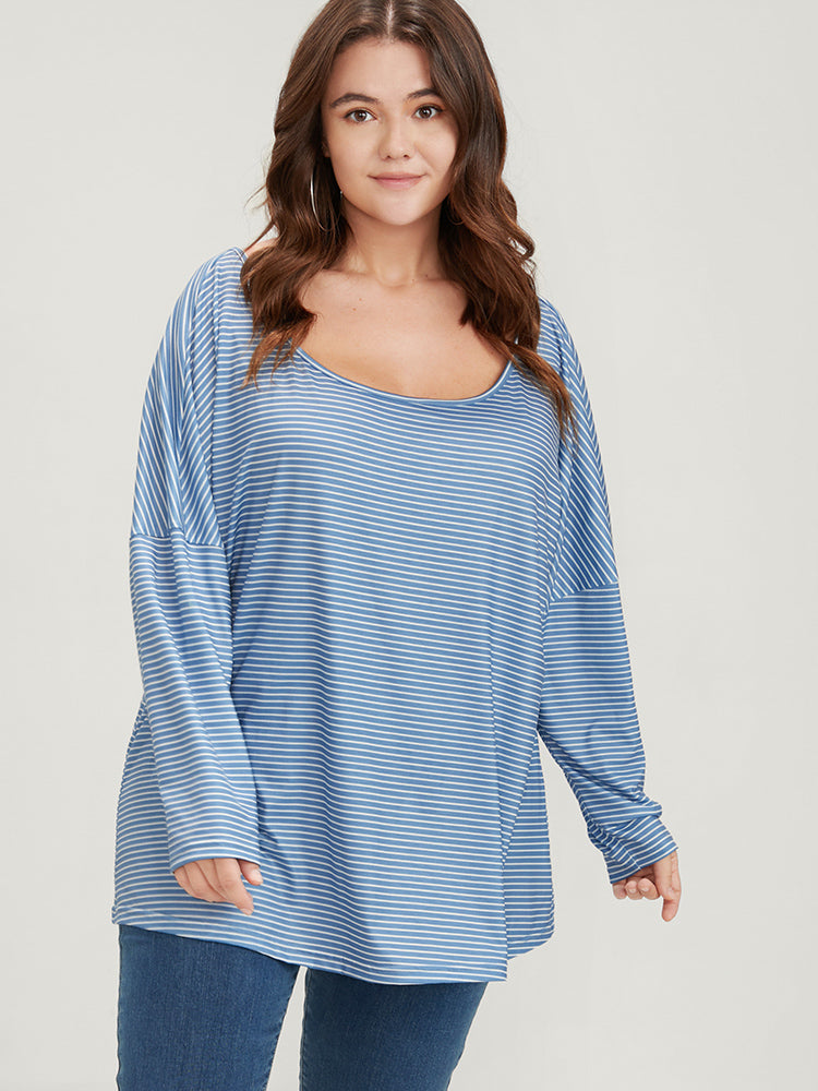 Striped Print Scoop Neck Long Tee