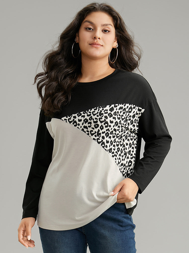 Leopard Print Colorblock Patchwork T-shirt