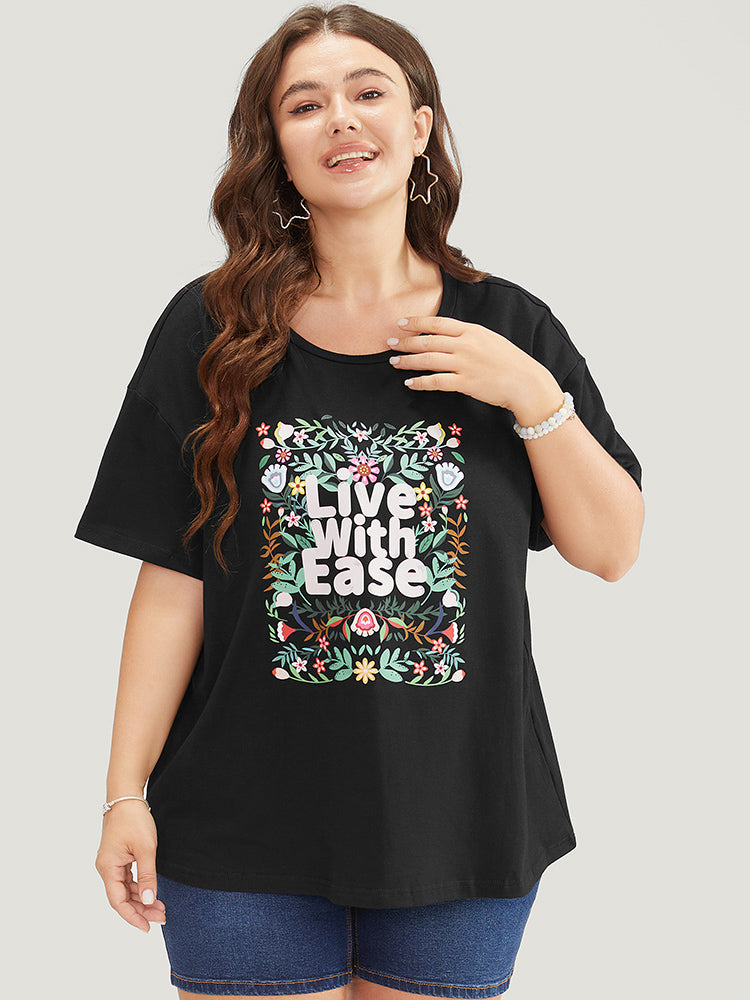 Floral & Slogan Print Slightly Stretchy Casual T-shirt