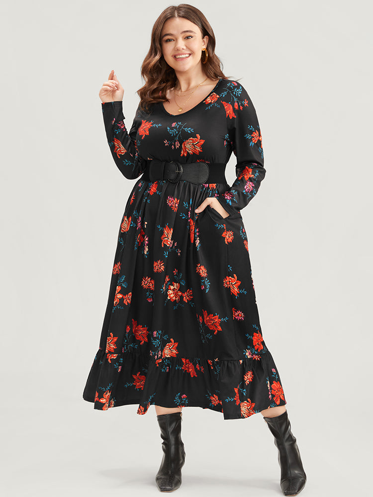 Floral Print V Neck Pocket Flutter Hem Dress Without Belt