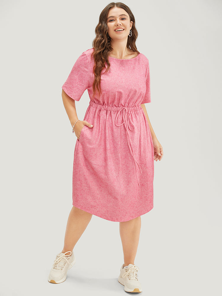 Plain Round Neck Pocket Heather Drawstring Dress