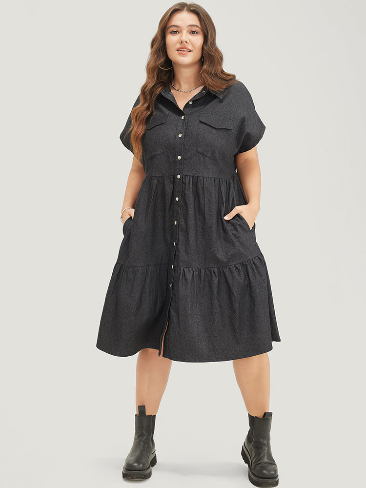 Plain Batwing Sleeve Flap Pocket Button Up Ruffle Tiered Dress