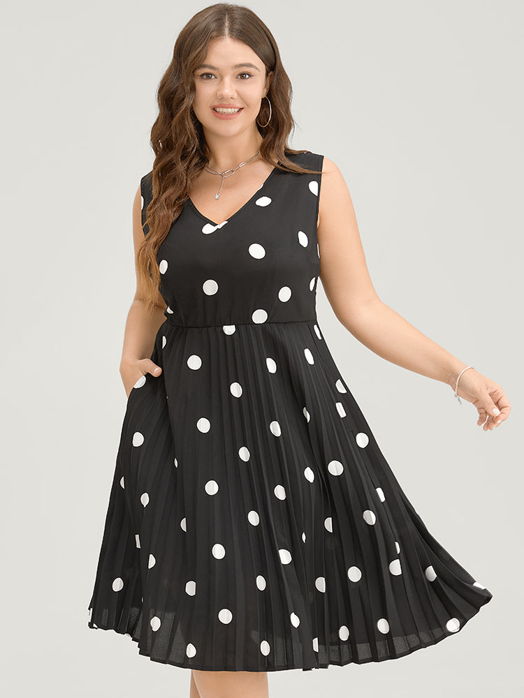 Polka Dot Pocket Pleated Hem Tank Dress