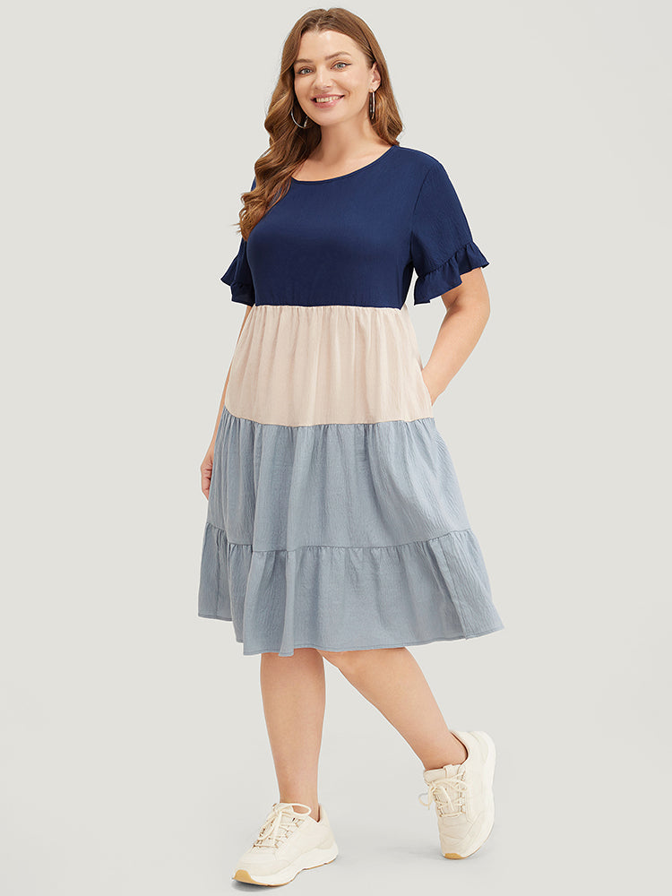 Colorblock Contrast Ruffle Tiered Pocket Flutter Sleeve  Dress