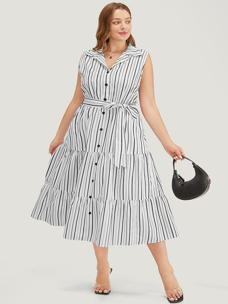 Striped Print Pocket Button Detail Belt Sleeveless Dress