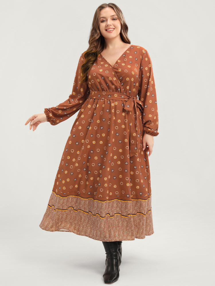 Polka Dot Lantern Sleeve Pocket Belted Surplice Neck Maxi Dress