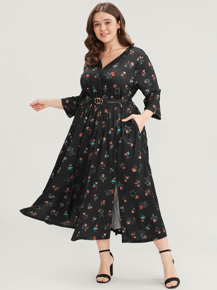 Ditsy Floral Button Up Pocket Split Hem Dress