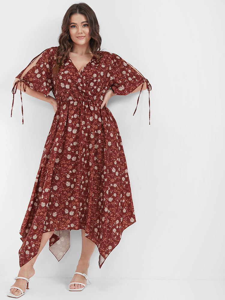 Ditsy Floral Ties Sleeve Pocket Asymmetrical Hem Dress