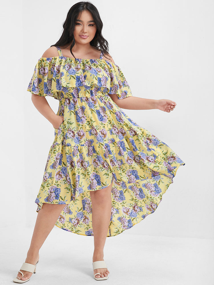 Floral Ruffles Asymmetrical Hem Cold Shoulder Midi Dress