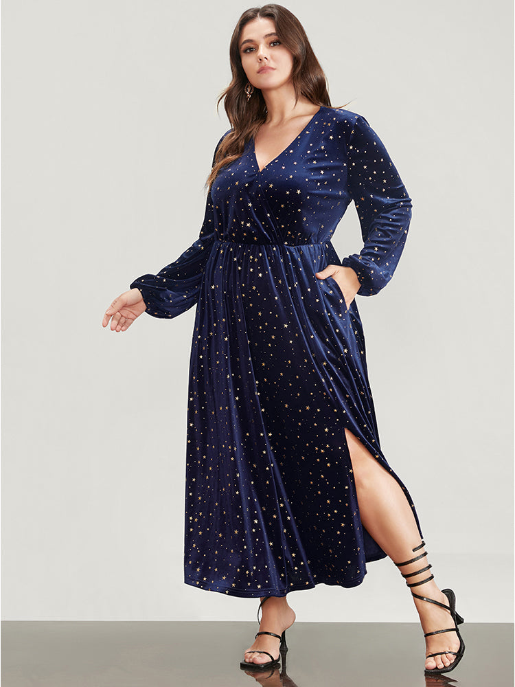 Halloween Star Print Wrap Lantern Sleeve Pocket Split Velvet Maxi Dress