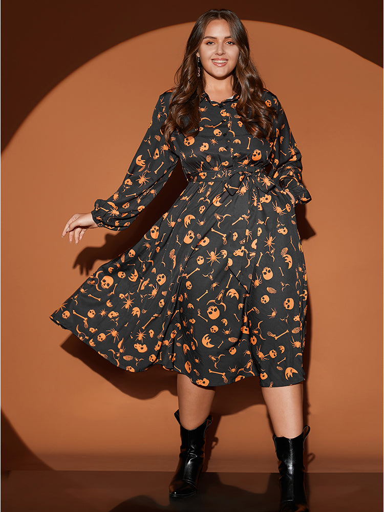 Halloween Print Shirt Collar Pocket Button Up Belted Flutter Dress