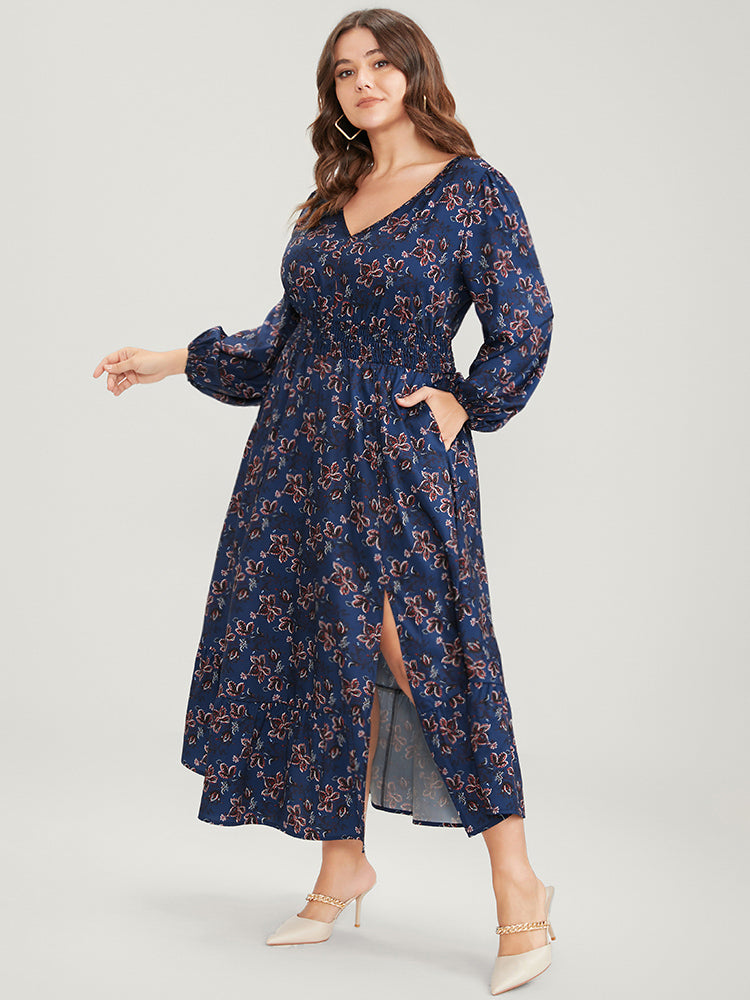 Floral V Neck Pocket Lantern Sleeve Shirred Split Dress