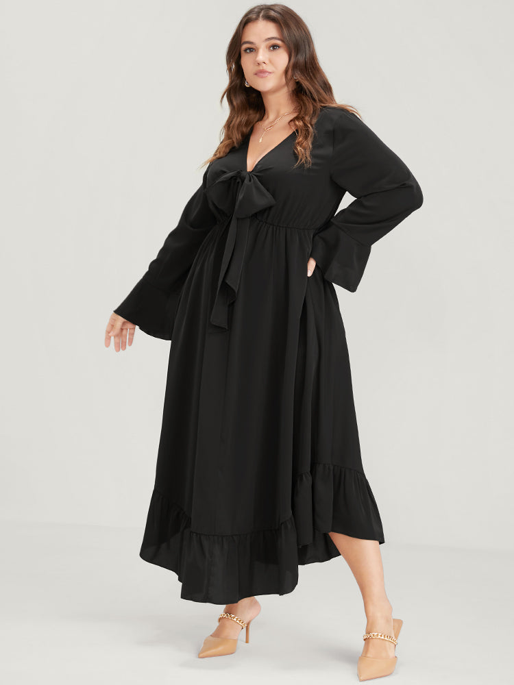 Solid Bell Sleeve Pocket Knotted Neck Arc Hem Dress