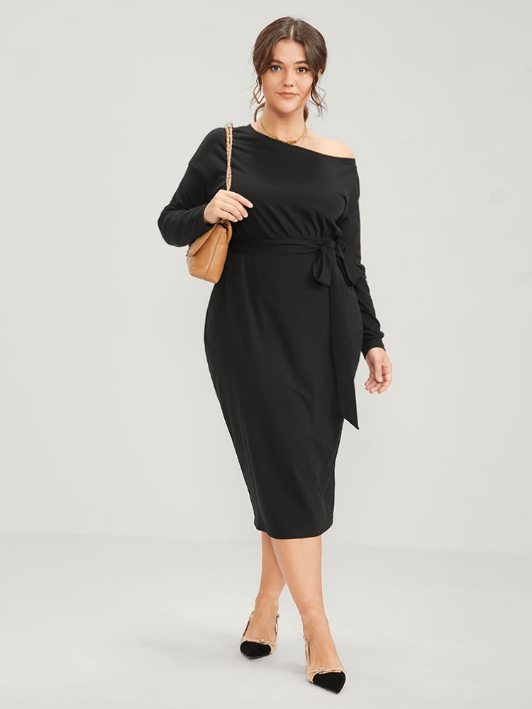 Solid Pocket Belted One Shoulder Dress