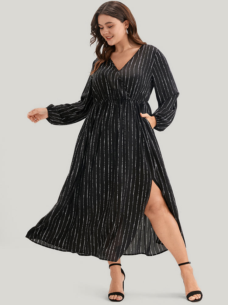 Striped Lantern Sleeve Pocket Split Wrap Midi Dress