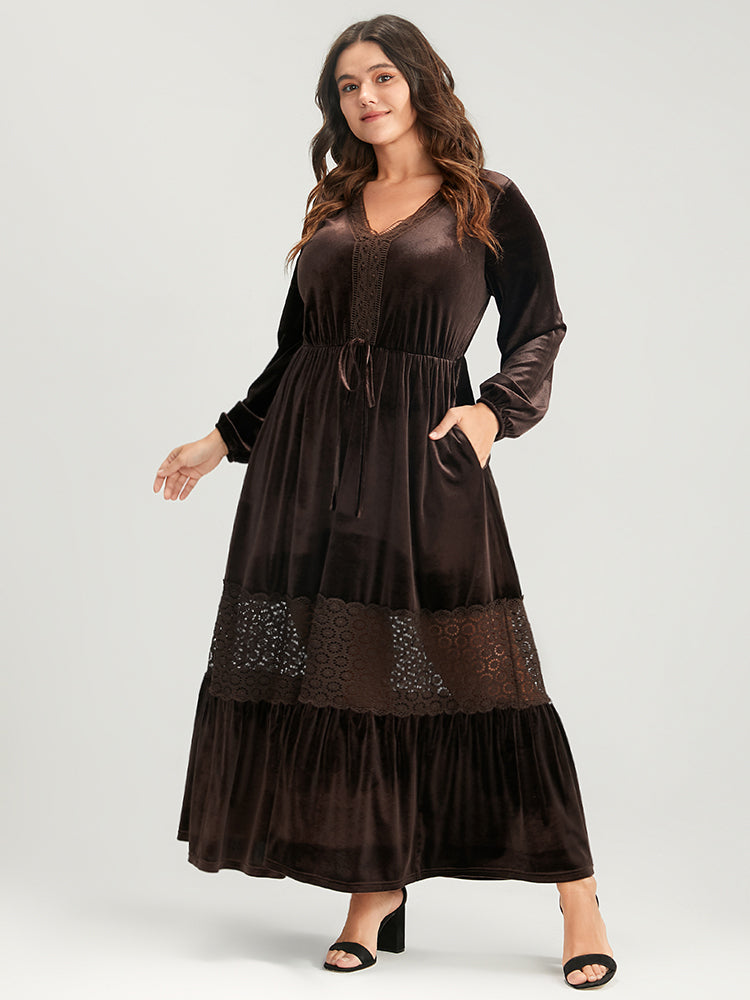 Solid Lace Lantern Sleeve Pocket Tie Up Velvet Maxi Dress