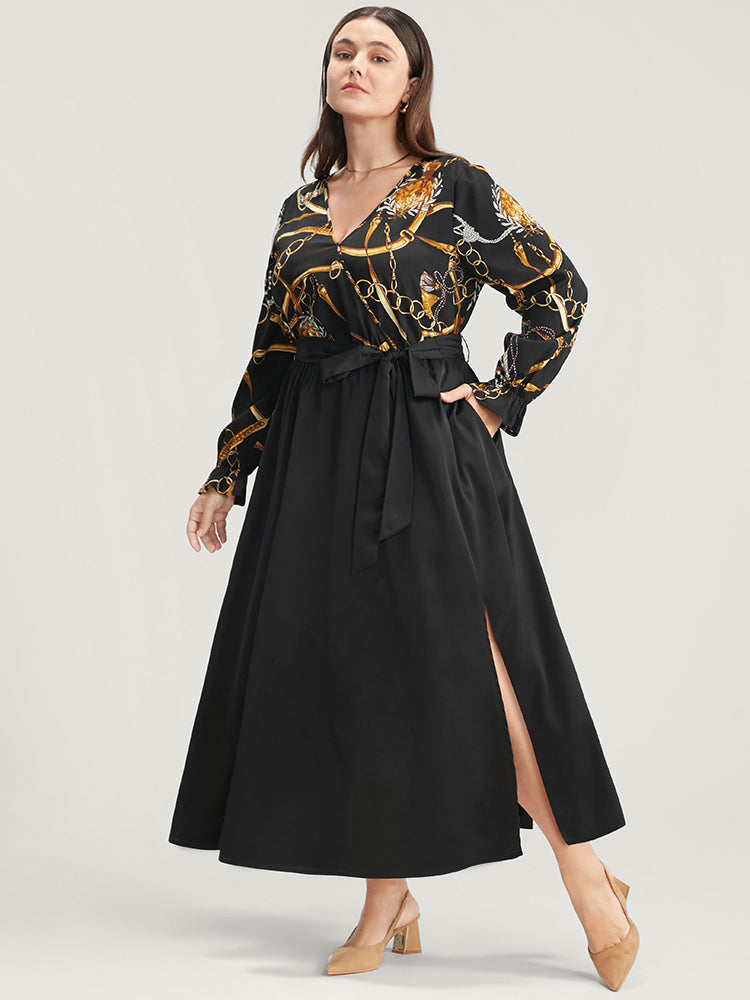 Chain Print V Neck Pocket Lantern Sleeve Belted Split Dress