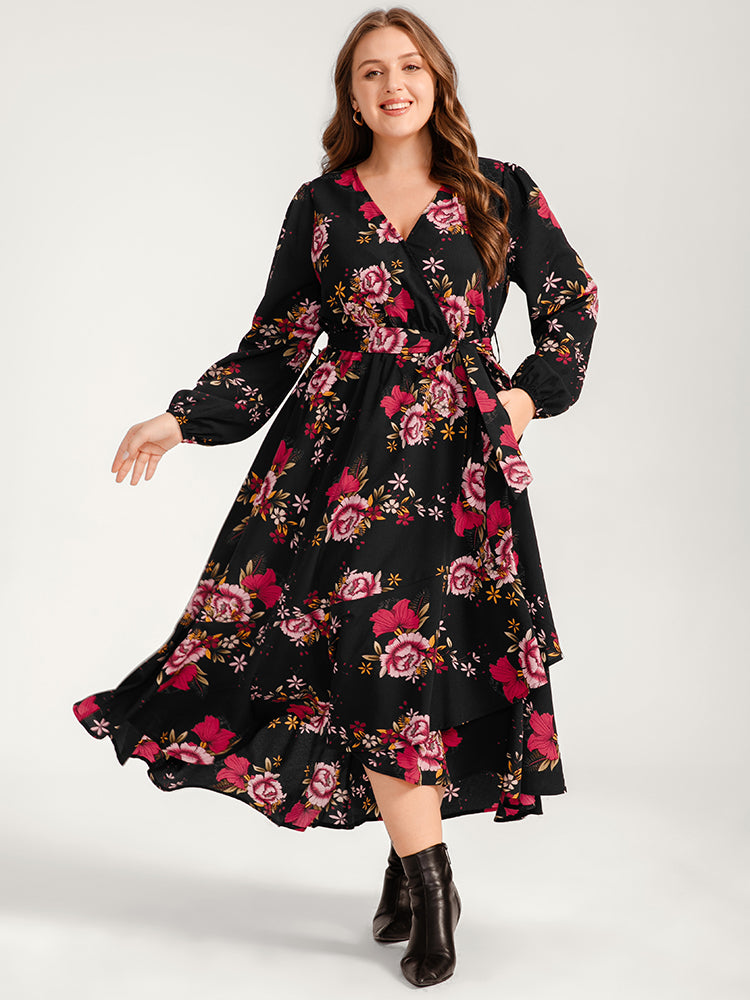 Floral Ruffle Lantern Sleeve Pocket Belted Asymmetrical Hem Dress